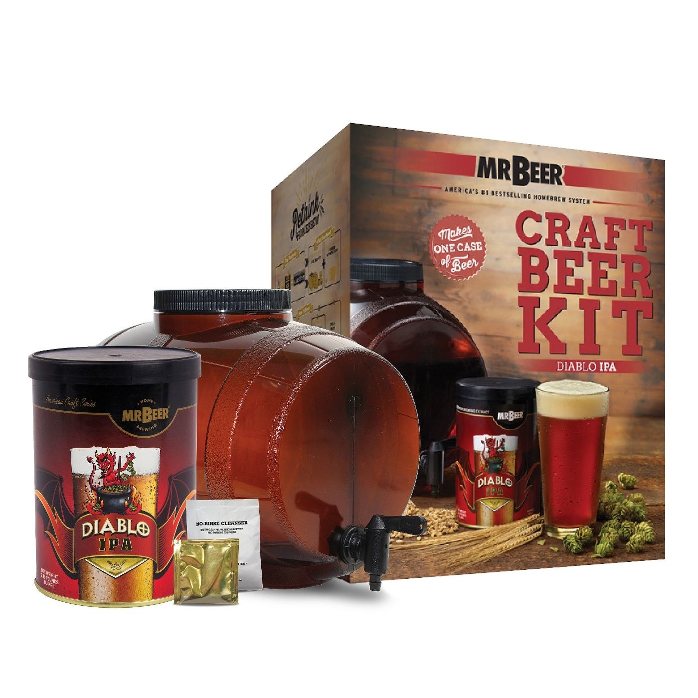 craft beer kit with ingredients and a keg