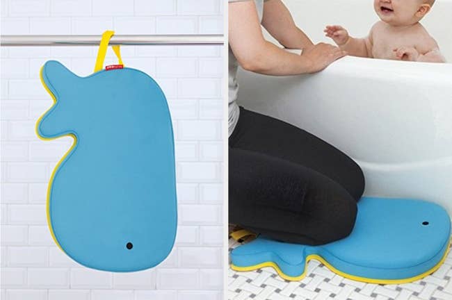 A dual image of a blue whale kneeler hanging from the shower next to a model kneeling on the whale while tending to a child in the tub