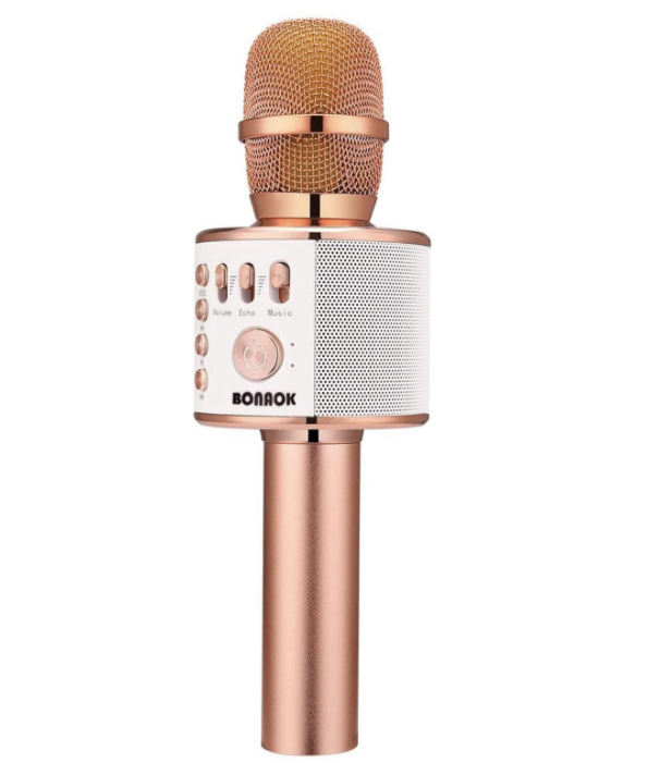 A rose gold microphone with multiple buttons to control power, sound, and echo