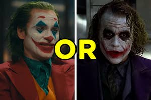 On the left, joaquin phoenix as the joker in "joker," and on the right, heath ledger as the joker in "the dark knight" with "or" typed in between  