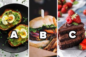 Avocado toast,  a burger, and cake