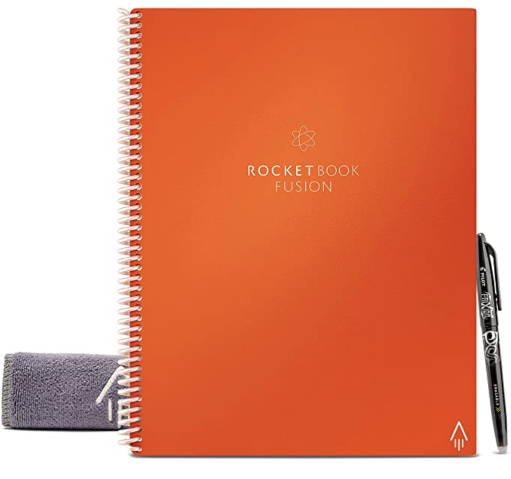 A notebook that has a special pen and rag for wiping