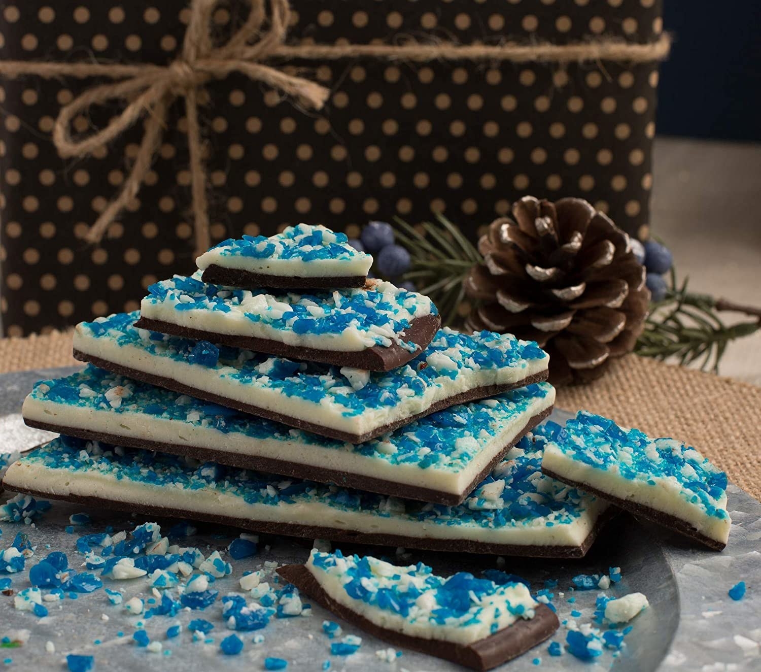 blue sugar on white and dark chocolate bark