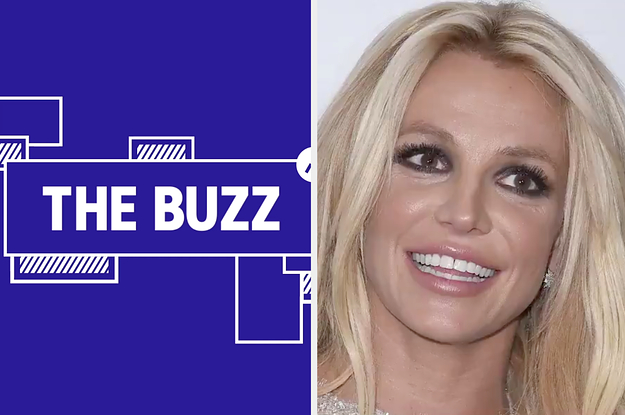 Splitscreen image of a purple graphic with THE BUZZ in white letters on one side and a photo of Britney Spears on the other. CREDIT: GETTY