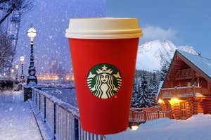 a Starbucks holiday cup and two snowy scenes