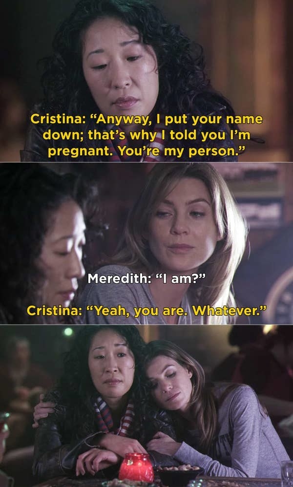 Cristina and Meredith talking in a bar.