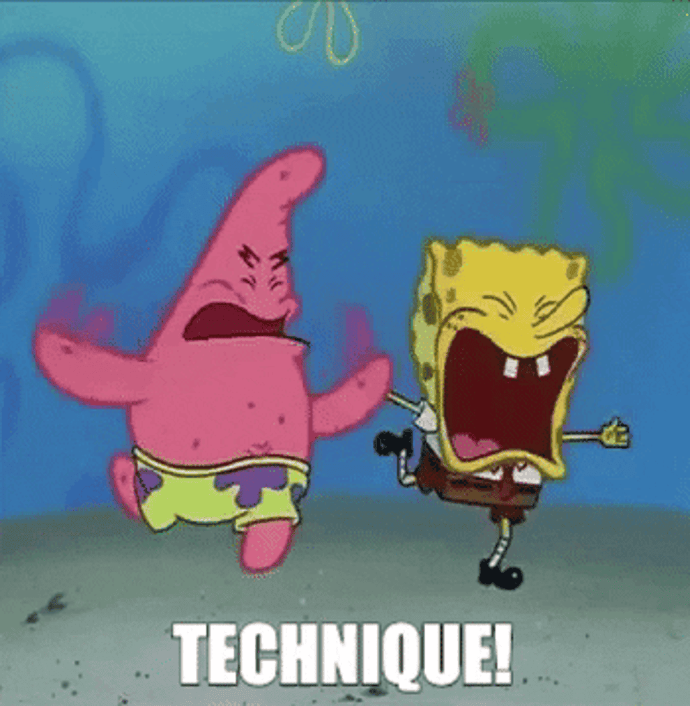 SpongeBob and Patrick stand on one foot, flailing their arms, and shout, &quot;Technique!&quot; on SpongeBob Sqaurepants