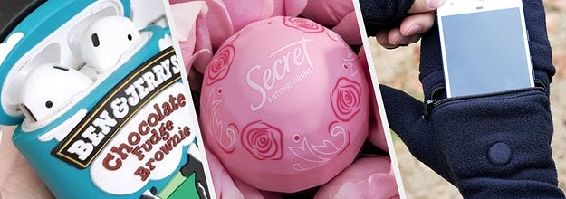 A Ben & Jerry's ear pod holder, deodorant ball, and pocket gloves