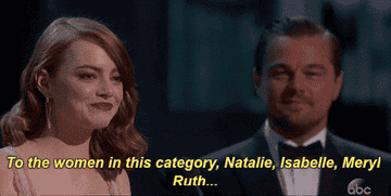 Emma Stone says, &quot;To the women in this category; Natalie, Isabelle, Meryl, Ruth...&quot; in her acceptance speech for Best Actress at the 89th Academy Awards ceremony