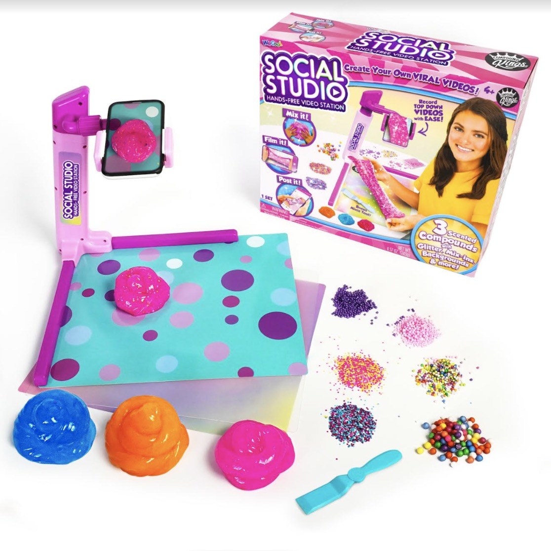 a set that has a tool to hold a phone and film the slime making process