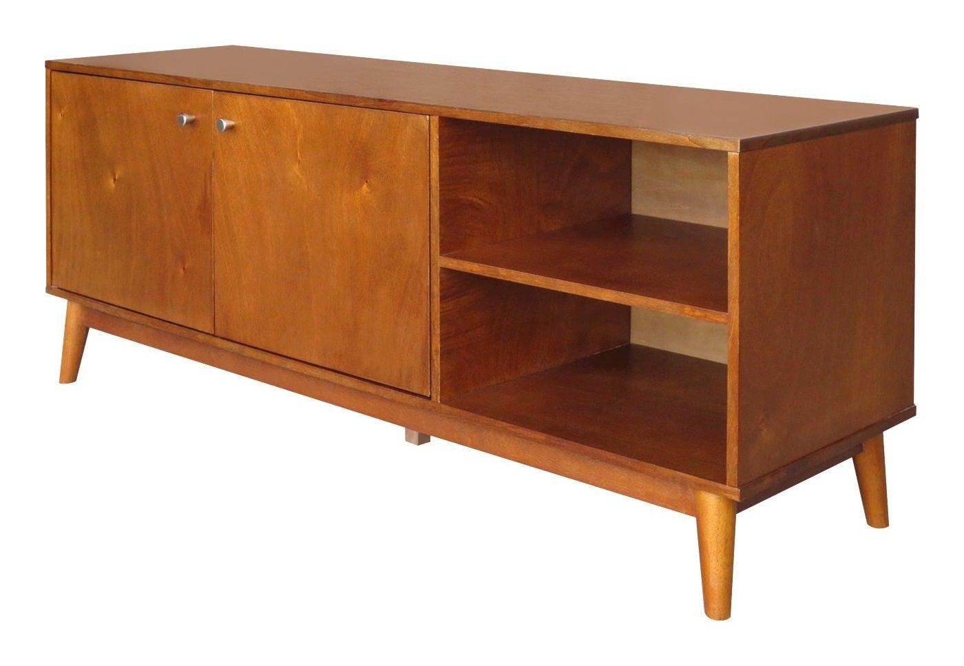 Brown TV stand with four legs, two open shelves, and double doors