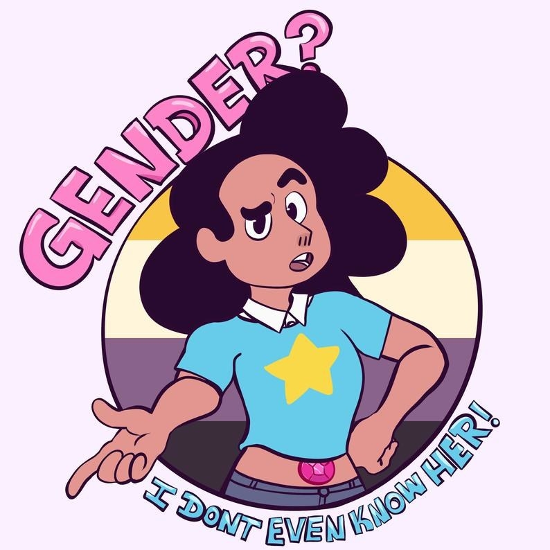 a sticker of the character Stevonnie from Steven Universe saying &quot;gender? I don&#x27;t even know her&quot;