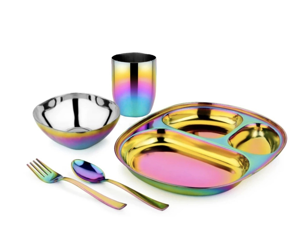 an iridescent bowl, cutlery, cup, and dish