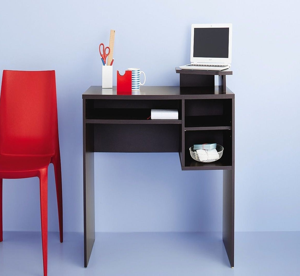 Espresso composite desk with raised top for laptop and 4 compartments