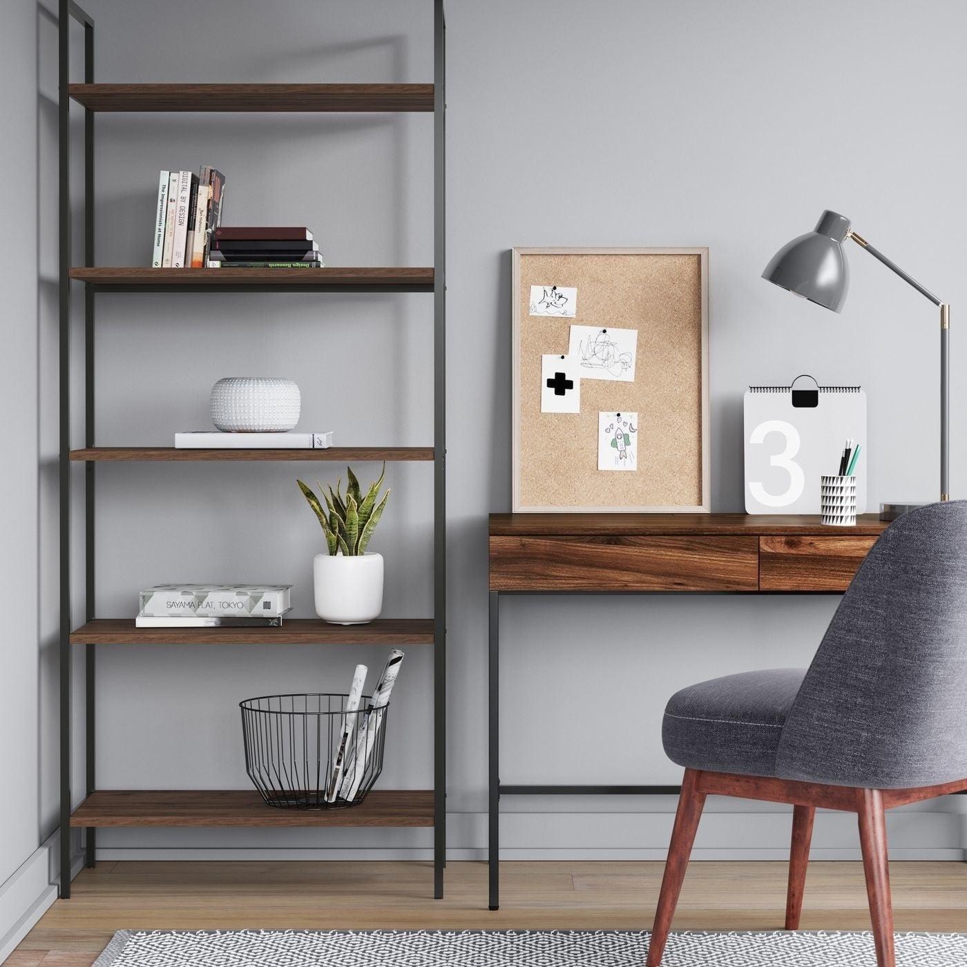 Bookshelf with metal frame and five wooden shelves