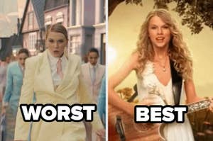 a still from the "Me" music video with the word "worst" and a still from the "Fearless" music video with the word "best"
