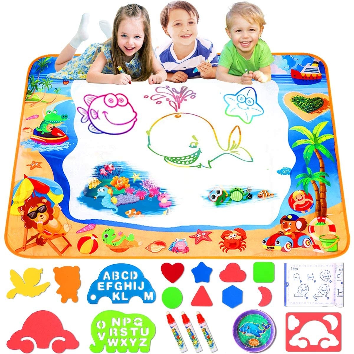 Kids drawing on a water-based magic mat