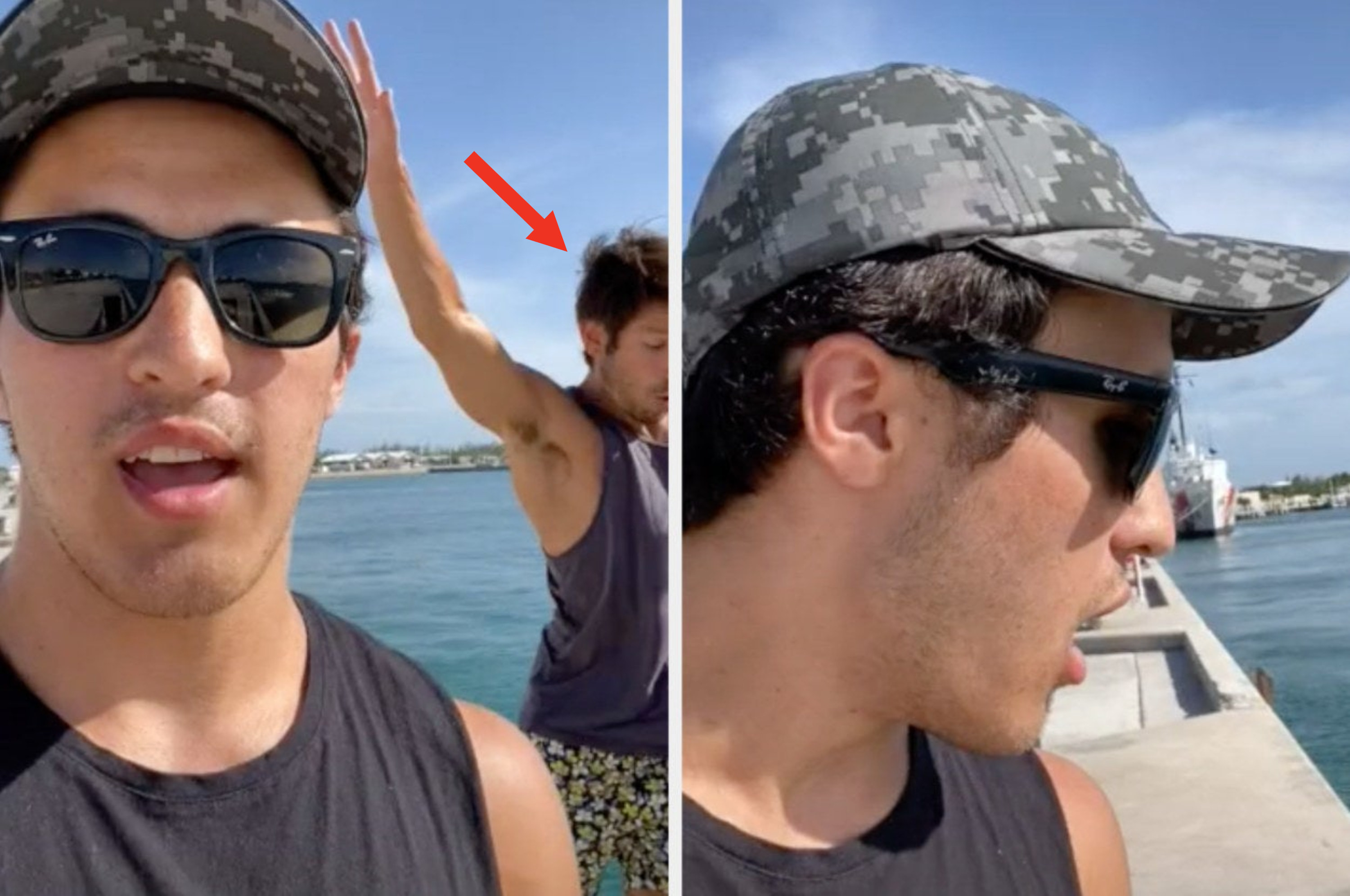 A TikToker vlogs on vacation as someone behind them trips and falls into water