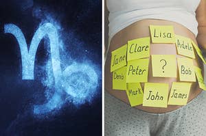 On the left, the symbol for Capricorn, and on the right, a closeup of a pregnant Belly with sticky notes with names stuck on it