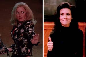 Amy Poehler dancing and Monica Geller giving a thumbs up