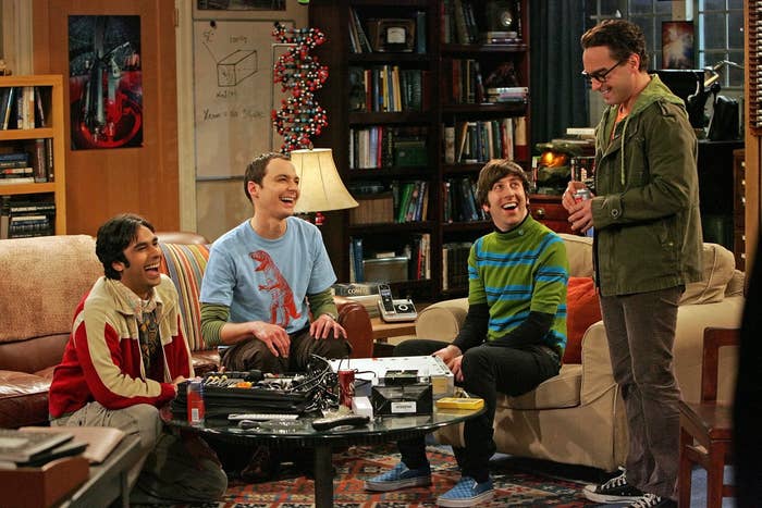 Raj, Sheldon, Howard, and Leonard laughing in Sheldon&#x27;s living room