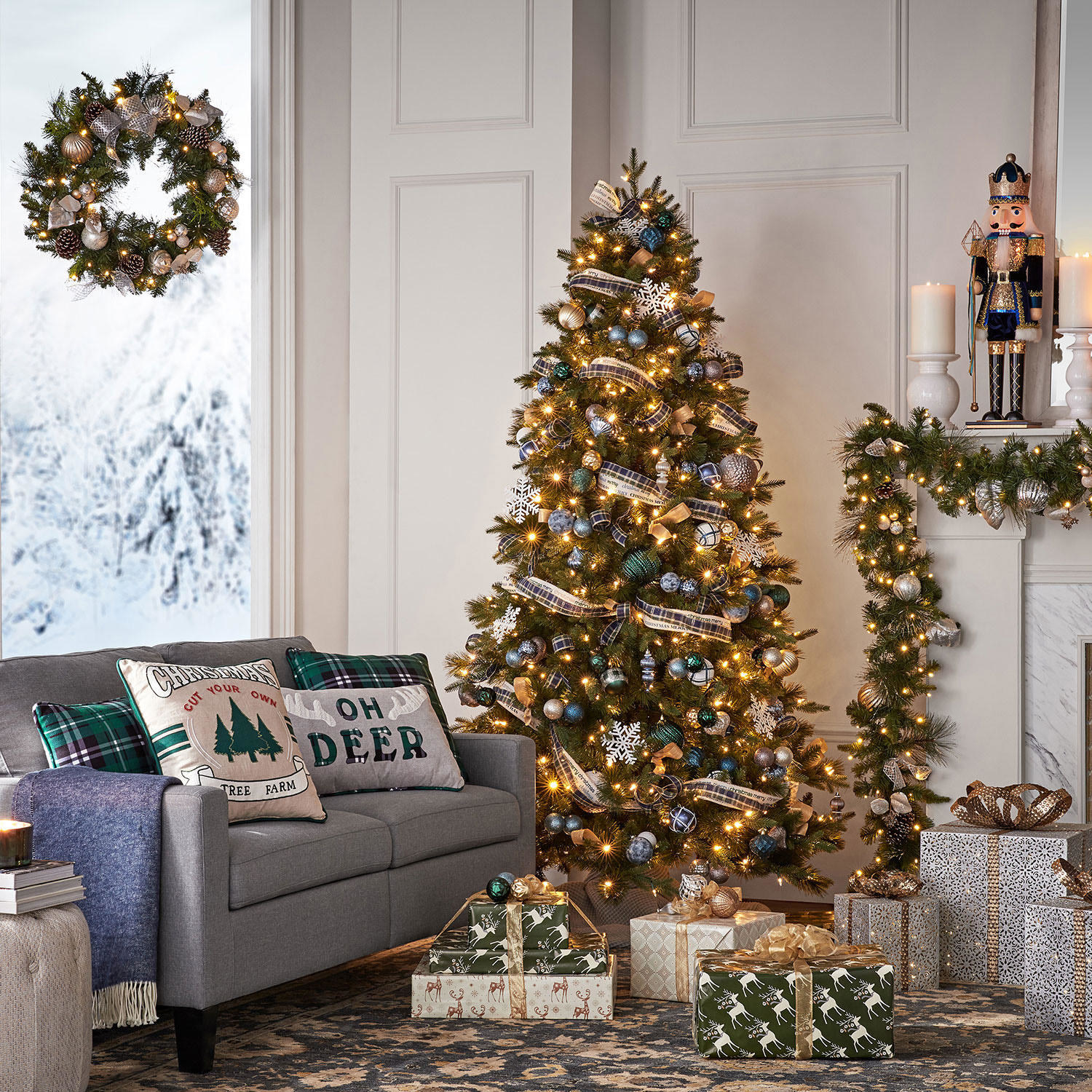 Lifestyle image of Christmas tree in a decorated home