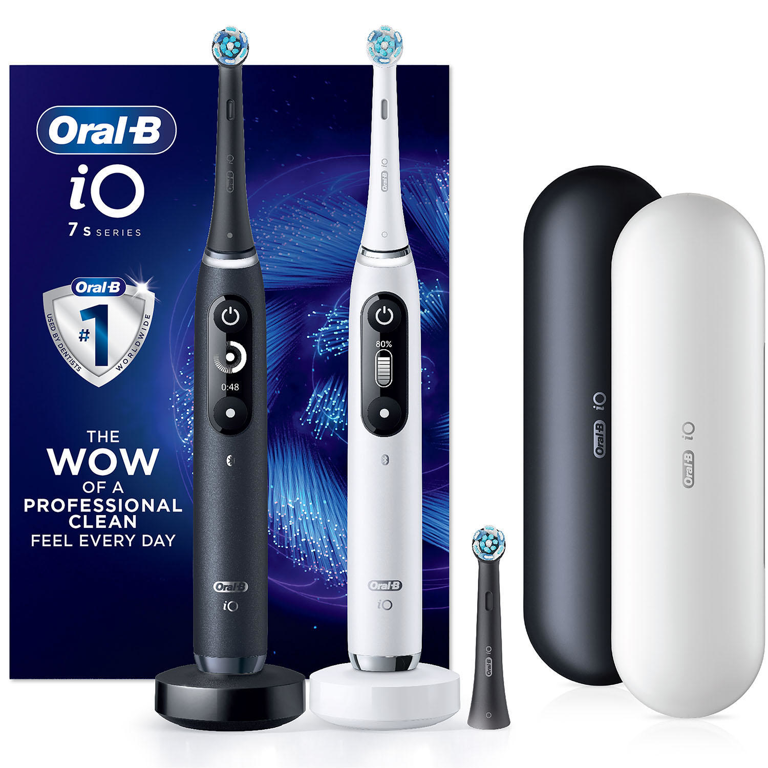 Black and white Oral-B toothbrushes on their stands side by side with their travel cases