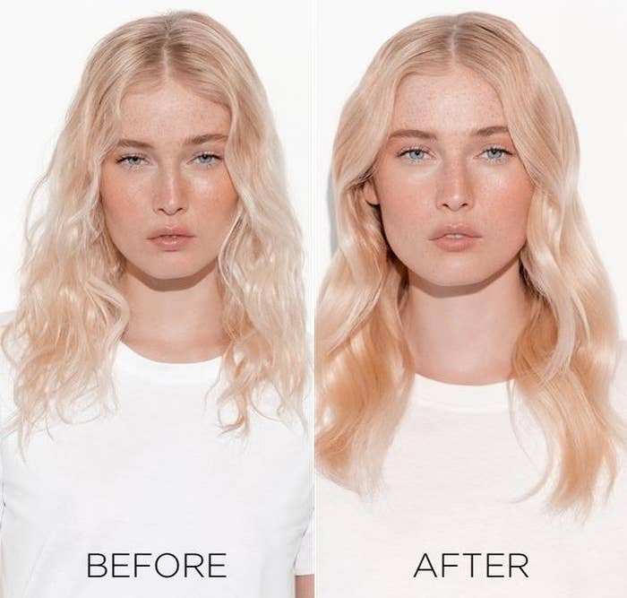 A before photo of a model with dull, stringy hair, and an after photo showing the model with smooth, shiny hair