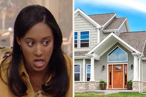 Split Image: Tamera on the left and a suburban house against a blue sky on the right