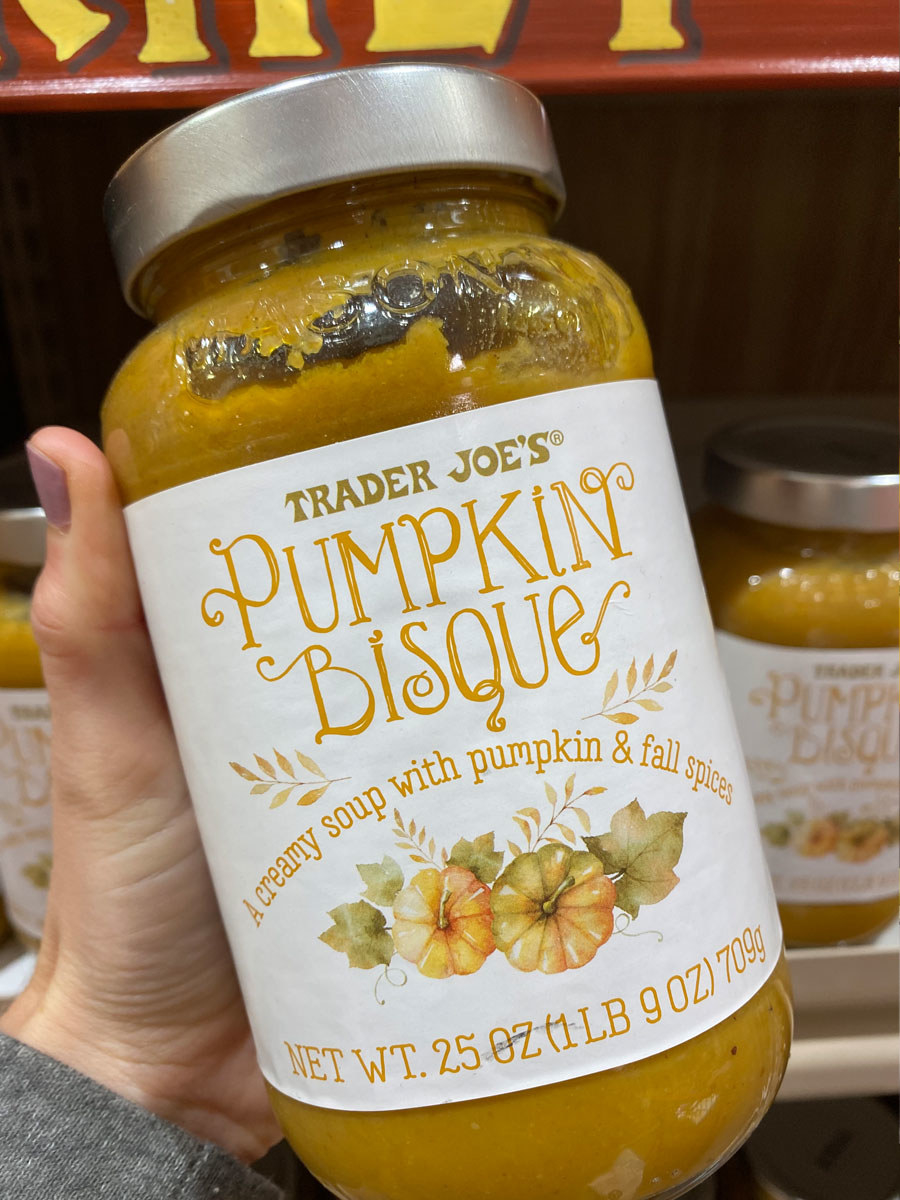 A jar of pumpkin bisque with fall spices.