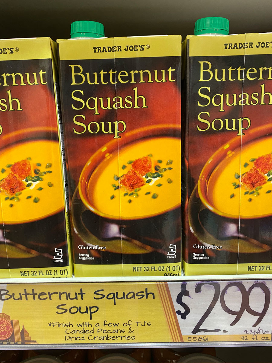 Cartons of butternut squash soup.