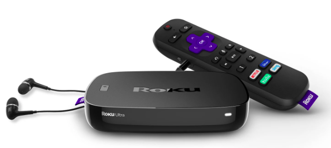 A remote, ultra streaming player, and bud headphones 