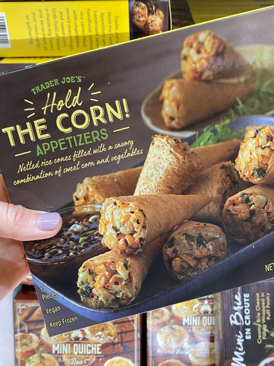 A box of Trader Joe&#x27;s Hold the Corn appetizers.