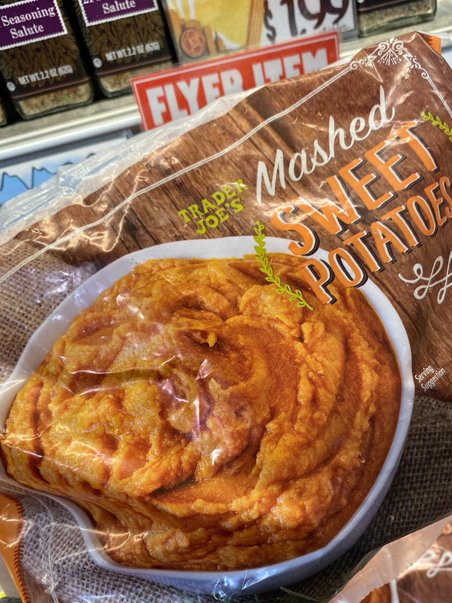 A bag of mashed sweet potatoes from Trader Joe&#x27;s.
