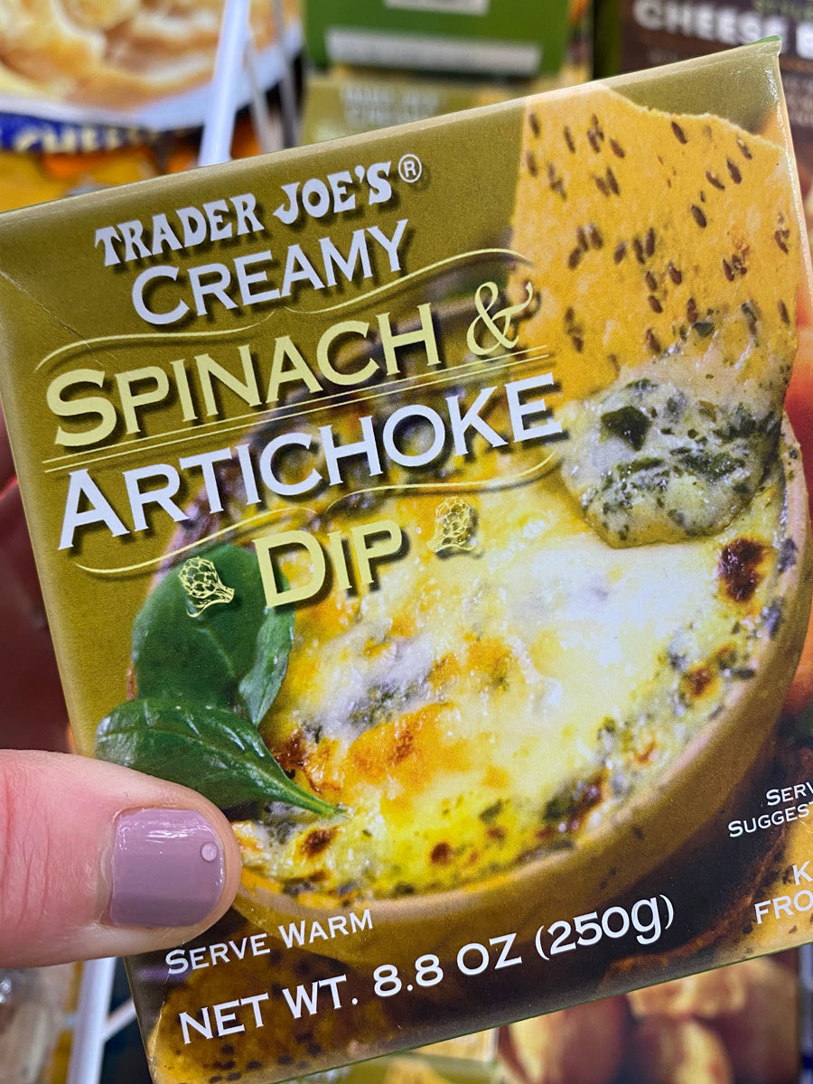A box of frozen creamy spinach and artichoke dip from Trader Joe&#x27;s.