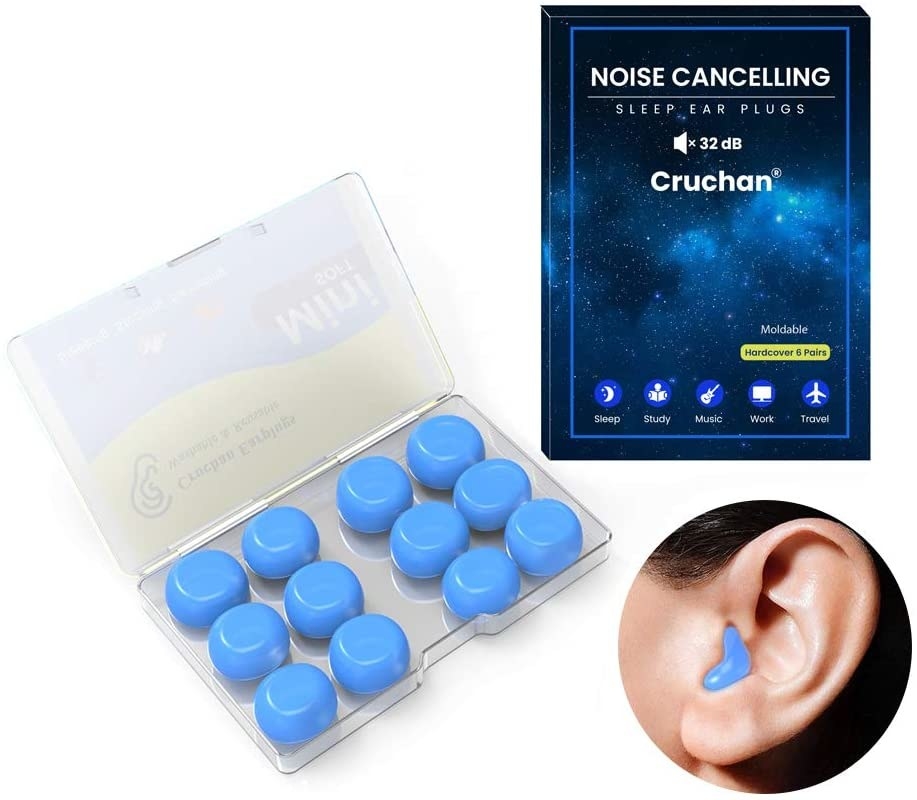 The set of ear plugs shown in their case and in a user&#x27;s ear