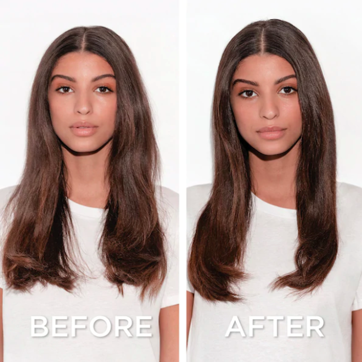 A before and after photo where the after shows silky smooth locks