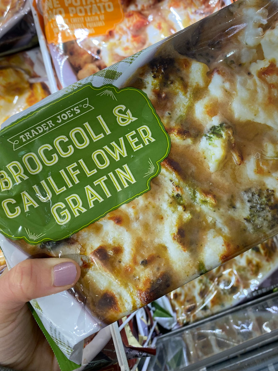 A box of frozen broccoli and cauliflower gratin.
