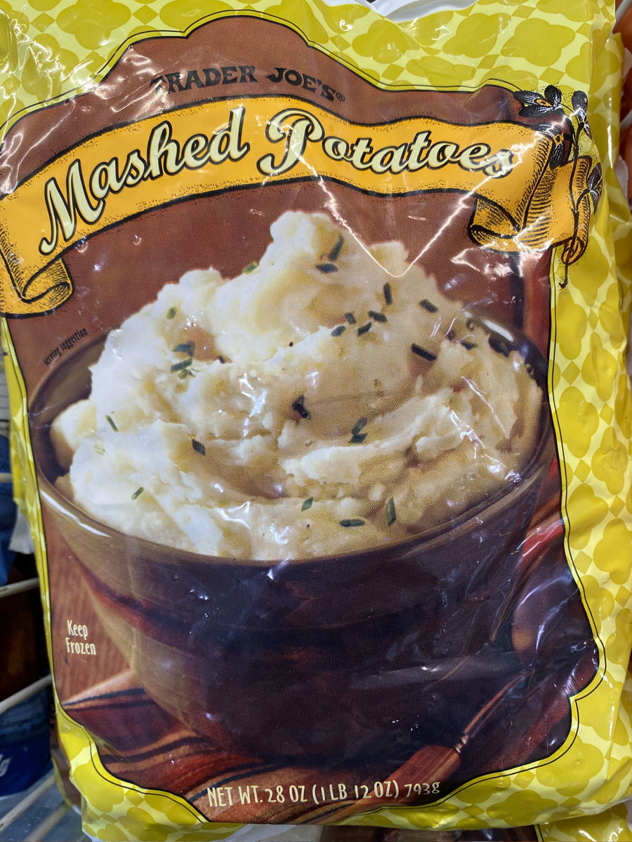 A bag of frozen Trader Joe&#x27;s mashed potatoes.