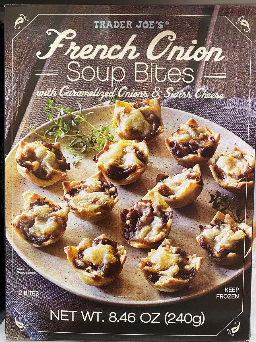A box of French onion soup bites in pasty cups.