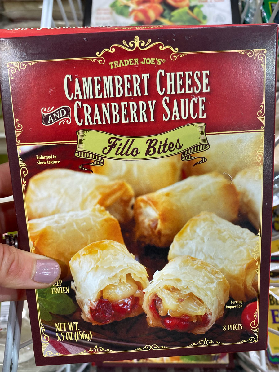 A box of Camembert and cranberry fillo bites.