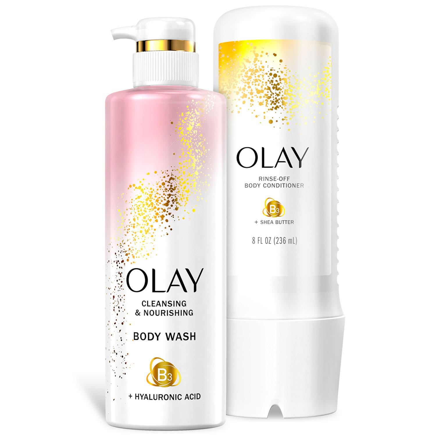 Bottles of Olay cleansing &amp; nourishing body wash and rinse-off body conditioner