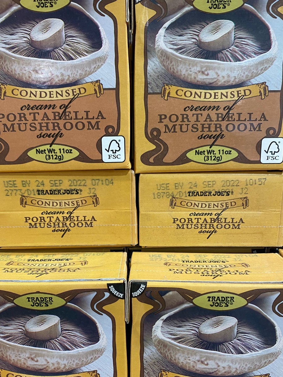 Boxes of Trader Joe&#x27;s condensed cream of portabella mushroom soup.