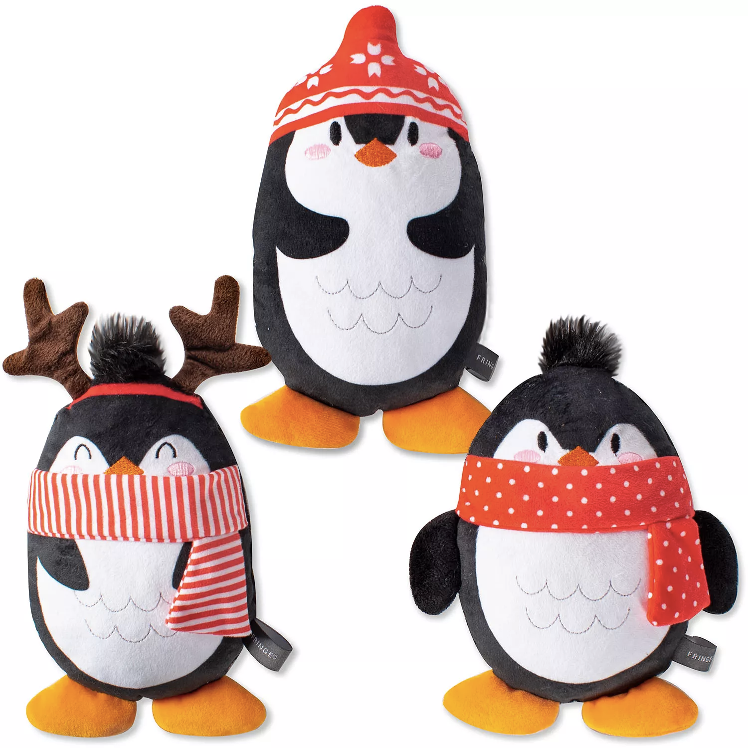 Three round penguins wearing various winter clothing 
