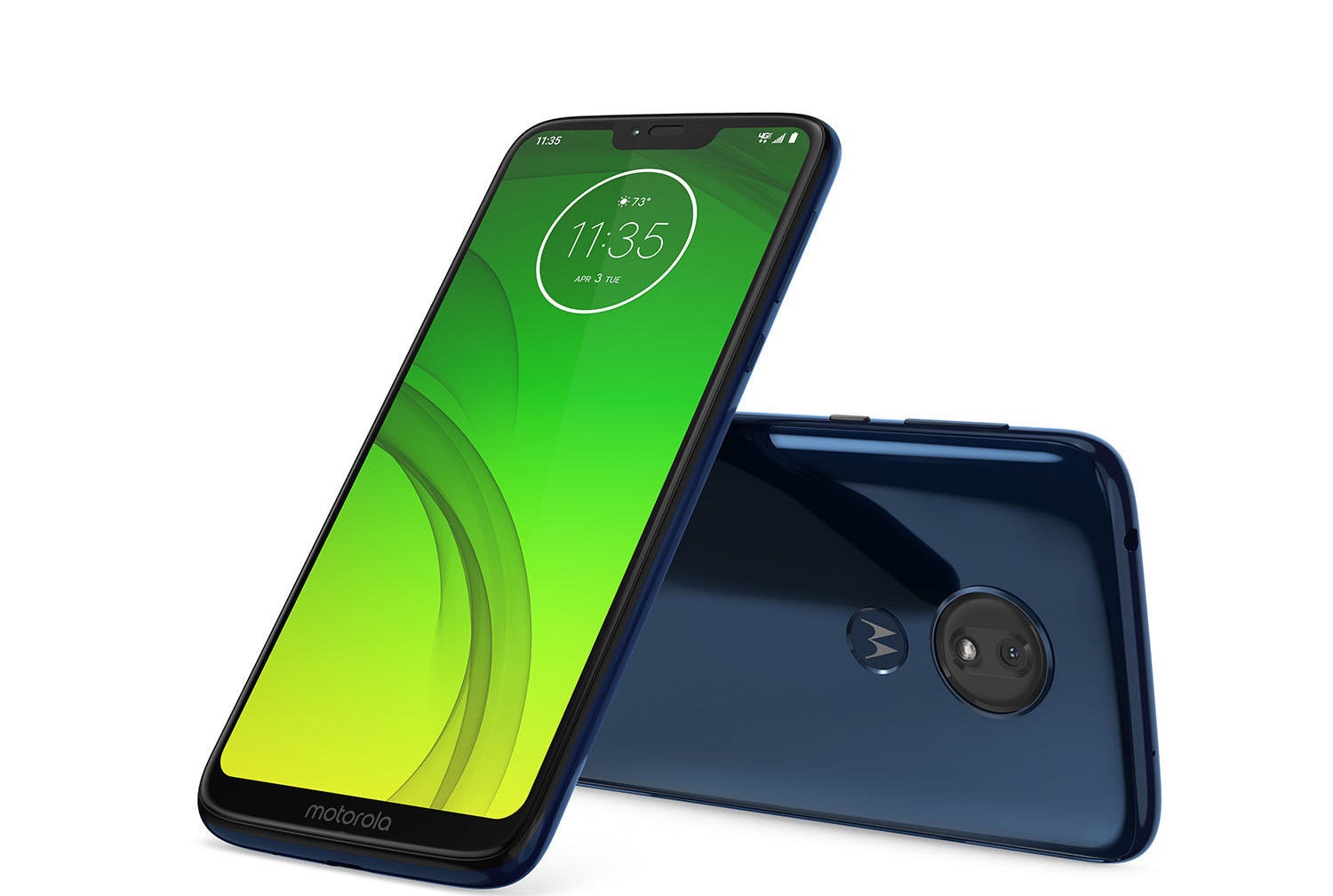Two Moto phones one showing the screen and the other showing the back of phone