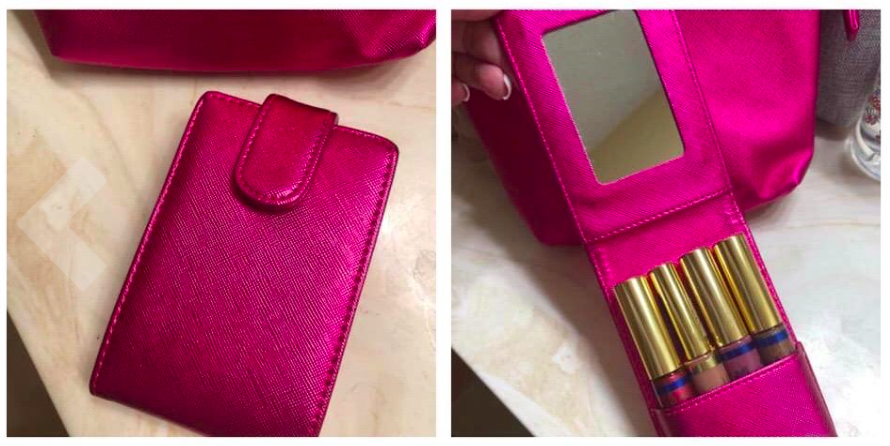 A series of customer review photos of the lip gloss holder open and closed.