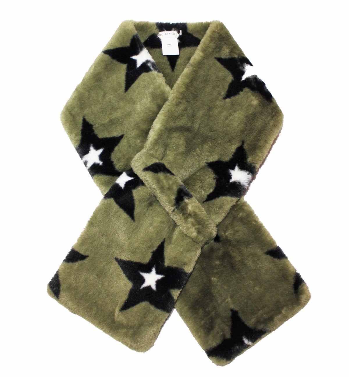 The faux fur scarf in olive with black stars.