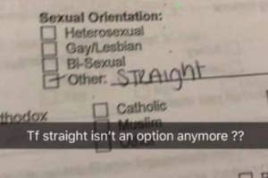person filling out sexual orientation and they're mad because they cant find straight
