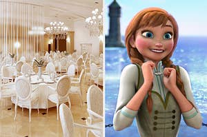 A lavish ballroom filled with luxurious tables and chairs next to an image of an excited Anna from Frozen