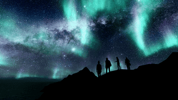 GIF of four people staring up at the shimmering northern lights.